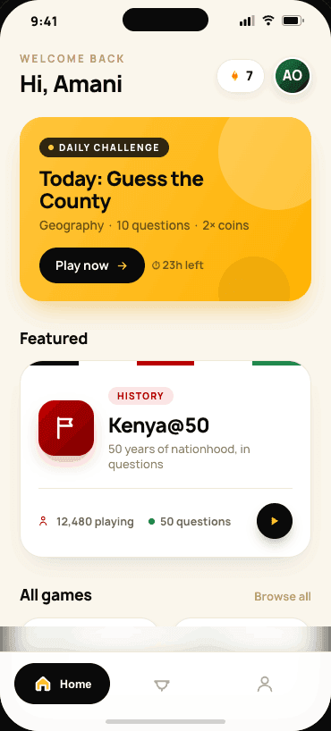 Karibu Games home screen